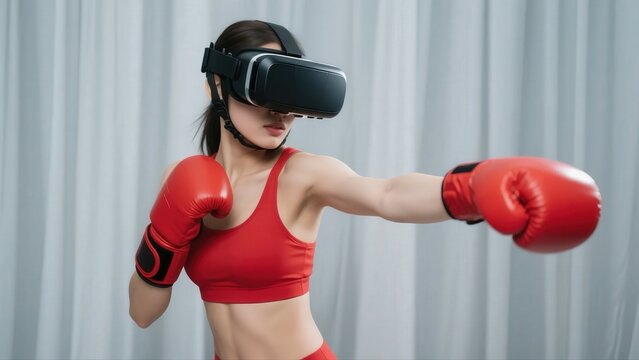 VR Boxing Woman Wearing Red Gloves and Sports Bra Practicing Punches in Virtual Reality