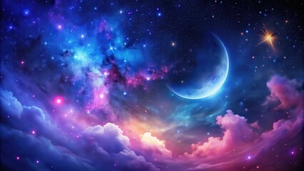 Naklejka premium Dark blue sky with vibrant purple and pink nebulae