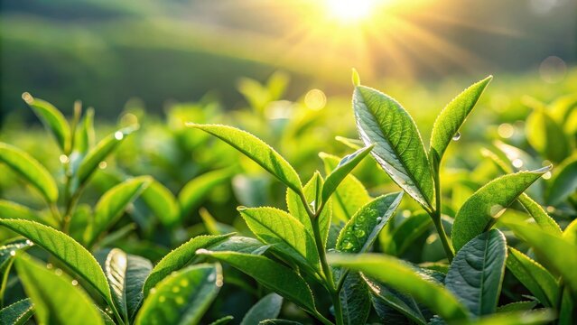 Freshly plucked dew-kissed tea leaves glisten in the morning light