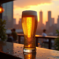 Photorealistic Tall Glass of Golden Beer with Sunset Reflection on Rooftop
