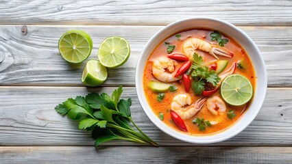 Spicy tom yum goong soup in a white bowl with a garnish of fresh cilantro and lime wedges
