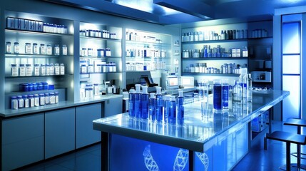 Laboratory's Precision: A modern laboratory setting, bathed in a cool blue hue, showcasing a meticulously organized arrangement of scientific equipment, chemicals, and instruments.