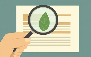 Hand holding magnifying glass over leaf on document