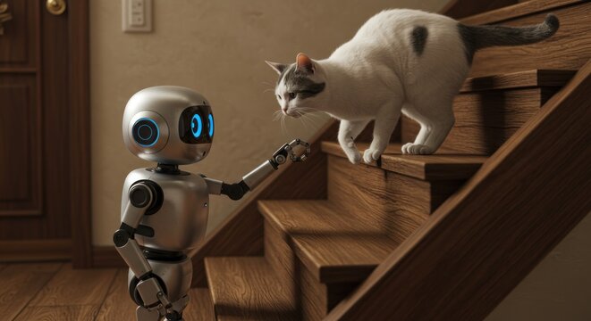 Robot and cat on wooden stairs