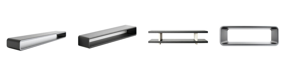 Modern minimalist audio speakers and entertainment devices  long title Sleek and contemporary black and metal audio speakers shelves and other modern