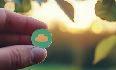Hand holding a light green sticker with a light orange cloud icon, outdoors at sunset