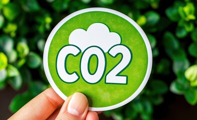 Hand holds a green circular sticker with CO2 symbol and a white cloud, set against a blurred background of lush green foliage