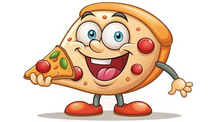 Naklejka premium A cartoon character with a big smile and belly laughs as it eats a large pizza