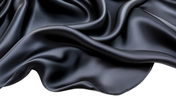 Wavy dark gray fabric with transparent background looks like a luxury silk material.
