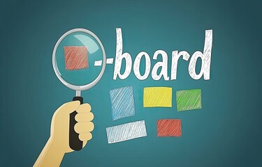 Hand holding magnifying glass over a teal board with colorful sticky notes and the word "board" written on it