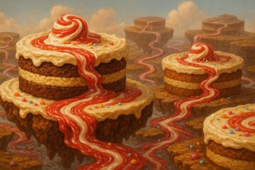 Surreal candy cake islands with flowing candy rivers in dreamy landscape