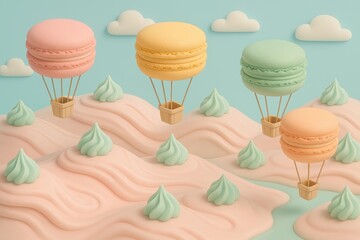 Whimsical macaron balloon fantasy with pastel colors and cloud accents for creative design