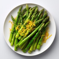 Fresh asparagus with lemon zest on white background