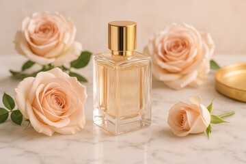 Luxurious skincare display with elegant roses on marble for beauty and wellness promotions