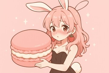 Kawaii bunny girl holding macaron with strawberry earrings - cute and whimsical design