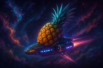 Whimsical pineapple spaceship journey through colorful cosmic beauty