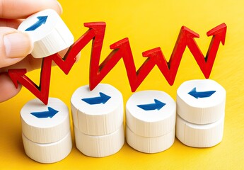 Hand placing red upward trend arrow on a stack of white cylinders with blue arrows