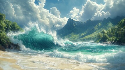 Tropical Coastline with Lush Mountains and Majestic Waves