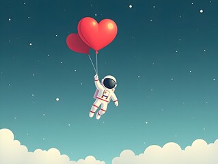 Astronaut floating in space holding large red heart-shaped balloon minimal flat illustration