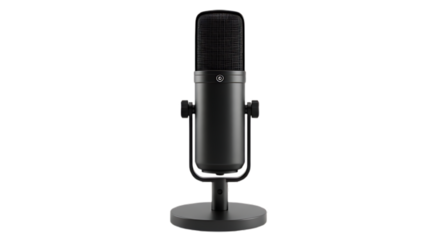 Black condenser microphone on stand isolated on transparent background