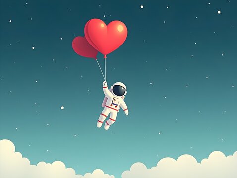 Astronaut floating in space holding large red heart-shaped balloon minimal flat illustration