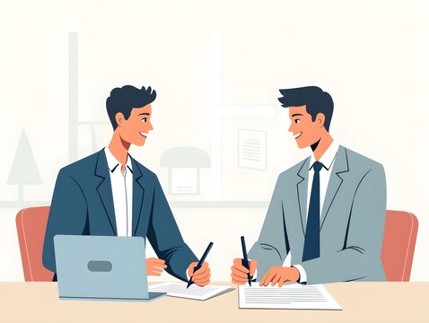 Two business professionals signing contracts in a modern office setting, showcasing a flat design style, illustration