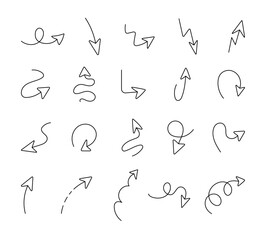 Minimalist arrows with abstract decorative curved line art design elements for modern outline motion graphics and direction symbols