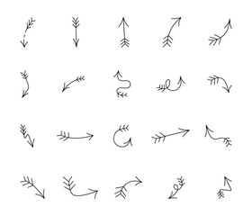 Minimalist arrows with abstract decorative curved line art design elements for modern outline motion graphics and direction symbols