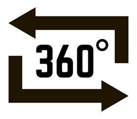 Two black arrows rotating clockwise around 360 degrees number symbolizing full panoramic view, virtual tour, immersive experience, augmented reality and modern technology