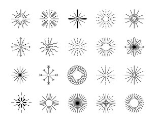 Decorative burst set elements with thin radiating lines and abstract spark shapes arranged as outline firework symbols for yours illustration and creative designs projects