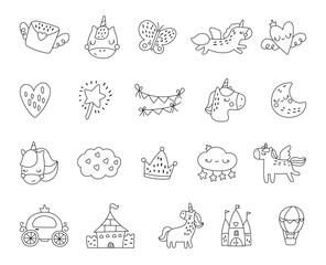 Fairytale fantasy object and character outline line art set created for magical cartoon scenes featuring castles, unicorns, crowns, hearts, clouds, animals, stars, wings, envelope