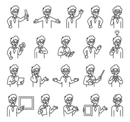 Boy guide character set with hands, books, signs, boards, devices, emotions, communication, presentation, teaching, reading, message, symbols, approval, music, and expressive human poses
