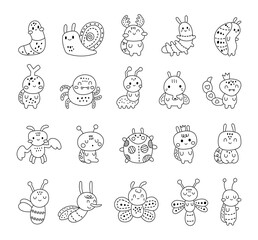 Animal insect character in outline line art set with cute worm snail beetle ant fly flea spider scorpion mantis mosquito created for charming cartoon illustrations