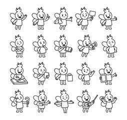 Fairy guide character set showing different school teaching moments with wings, books, hand signs, learning materials and communication tools for yours illustration and creative projects