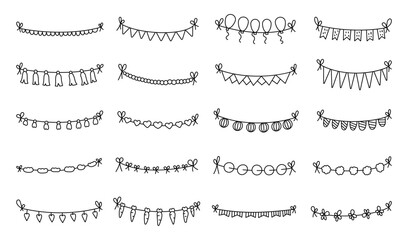 Garland decoration set for birthday parties in outline line art featuring hanging made with twisted threads and festive paper elements for yours illustration and creative designs projects