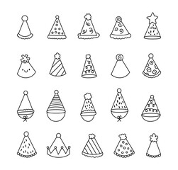 Party hat decoration set features outline line art designs with cone shapes made from paper for birthday and holiday celebration events and for yours illustration and creative projects