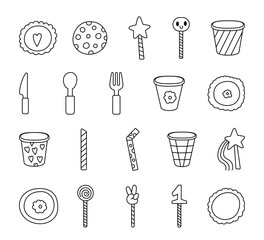 Party supply in outline line art set including plates, utensils, straws, toppers and takeaway cups for festive birthday and holiday celebration for yours illustration and creative designs projects