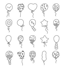 Balloon birthday party design set for creating charming outline line art decorations with floating cartoon shapes and festive strings for yours illustration and creative celebration projects