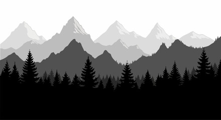 Graphic Forest Silhouette with Jagged Mountain Ranges in Atmospheric Perspective