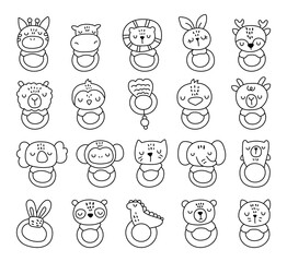 Baby rattle made in outline line art set with toy animal head nursery object and ring for toddler and infant comfort for your illustration and design projects