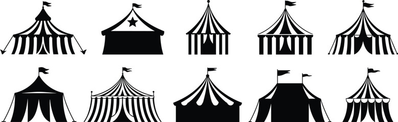 Collection of black and white circus tents with flags, various designs, in silhouette vector illustrations, isolated on transparent background for Adobe Stock flat vector illustration