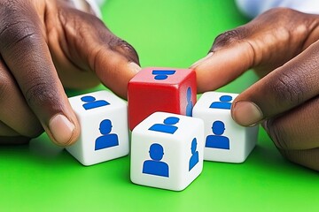 Hands arrange small, person-shaped dice, one red, others white, on a green surface