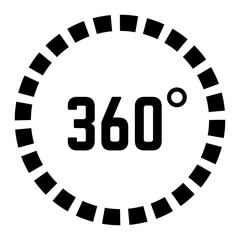 Black and white 360 degrees angle icon representing full rotation, virtual reality, augmented reality, and panoramic view, isolated on white background