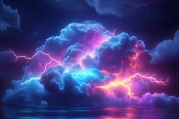 Obraz premium 3D render of an ominous storm cloud with lightning, glowing in vibrant neon colors against the dark sky, creating intricate patterns and shapes that resemble mythical creatures 