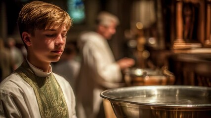 An altar boy stands nearby, ready to assist the priest in filling the font with fresh water and ensuring the baptism ceremony goes smoothly.