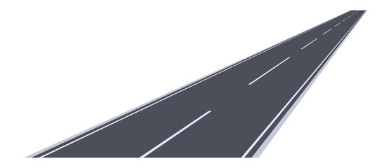 Long straight asphalt road disappearing into the distance on a white background conveying a sense of journey, adventure, and endless possibilities
