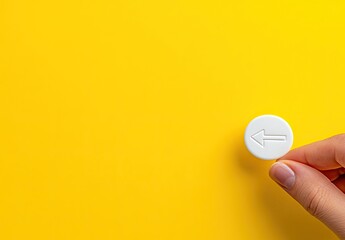 A single, round, white pill with an arrow imprinted on it, held by a hand, against a bright yellow background