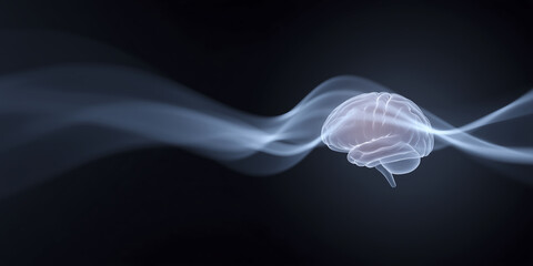 Abstract illustration of a human brain surrounded by flowing smoke-like waves, representing thoughts, ideas, and creativity in a dark atmospheric background