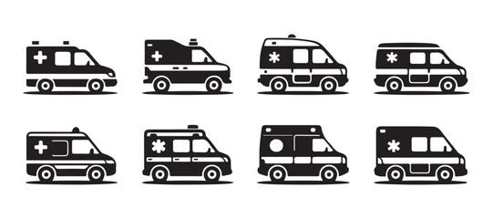 Obraz premium A collection of six simple, black silhouette illustrations of ambulances vector art on white