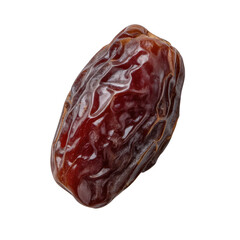 A single medjool date with a wrinkled surface and dark reddish brown color isolated on a black background
